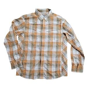 Redington Fly Fishing Shirt Mens M Orange Plaid Long Sleeve Vented Snap Button *